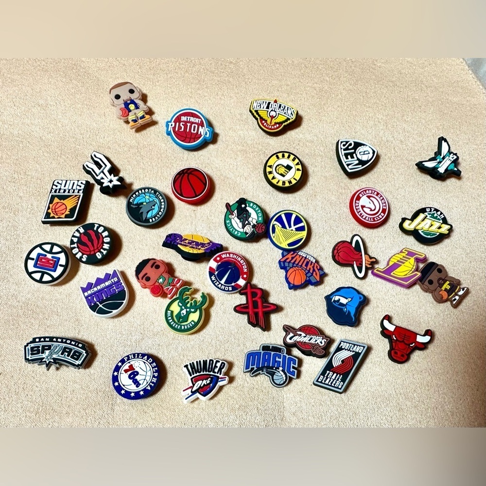 NBA-themed Jibbitz shoe charms, designed to personalize Crocs footwear